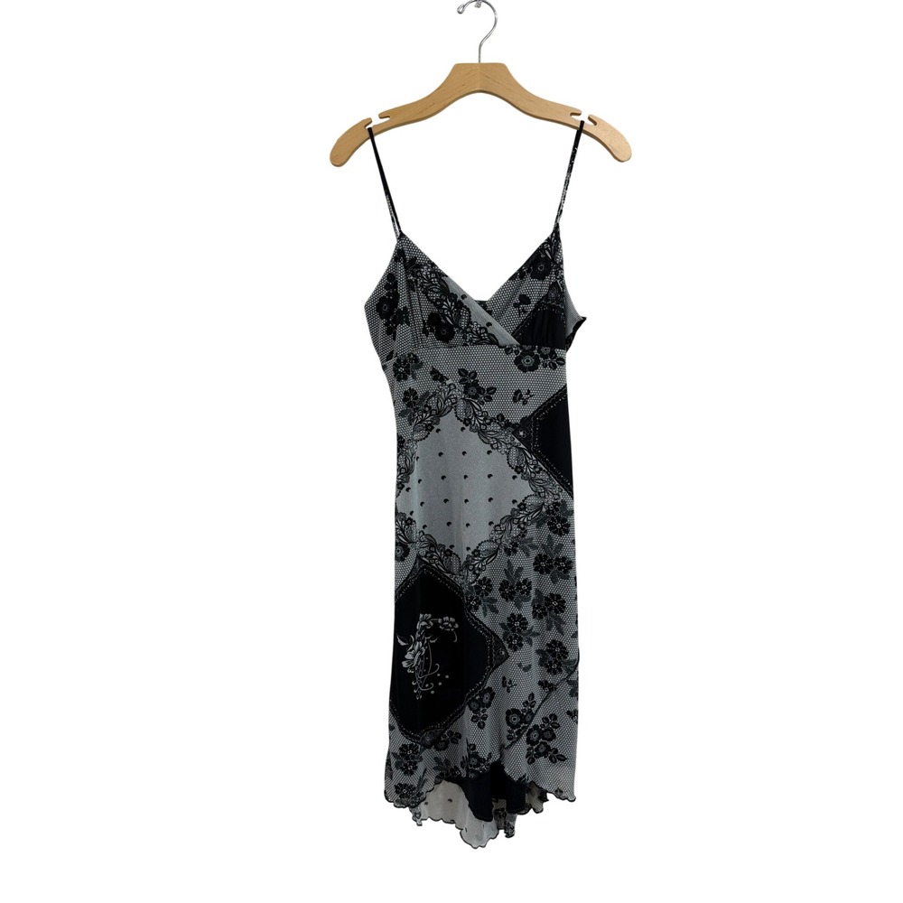 Y2K FLP Faith Love Passion Black White Floral Mesh Handkerchief Hem Midi Dress M